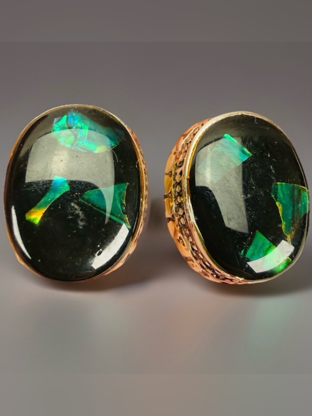 Vintage Silvertone, green center heavy weighted, pierced earrings costume